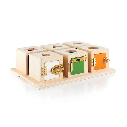 Guidecraft Peekaboo Wooden Lock Boxes - Set of 6, educational wooden toy boxes with colorful doors and locks on a wooden base.
