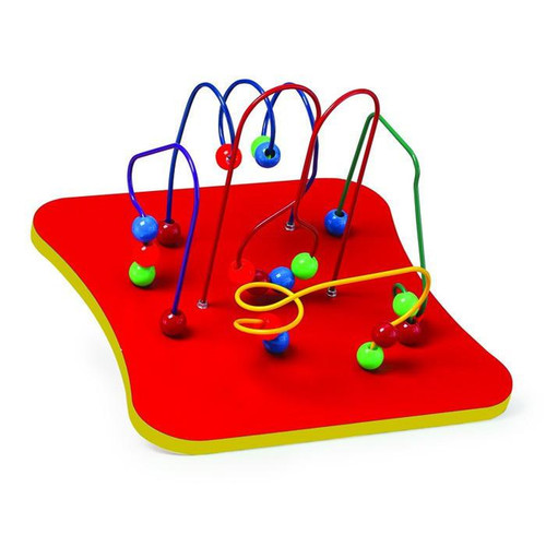 Playscapes Loco-Motion 5-Wires Bead Maze Wall Toy, colorful bead maze with red base, green, blue, yellow and purple wires with beads for stacking and sliding activities.