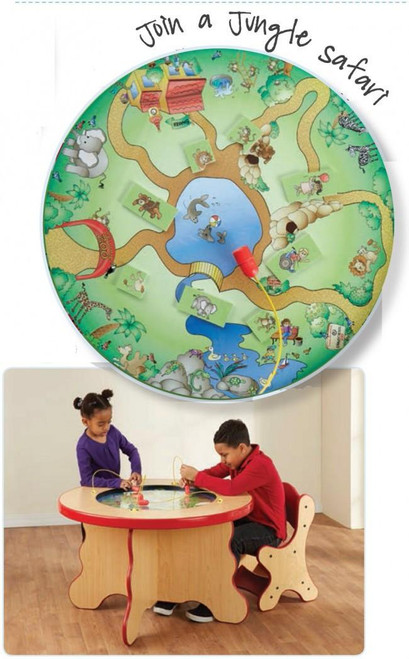 Playscapes Jungle Safari Magnetic Activity Table, featuring a colorful jungle safari scene with magnetic animal pieces and children engaging with the magnetic play surface.