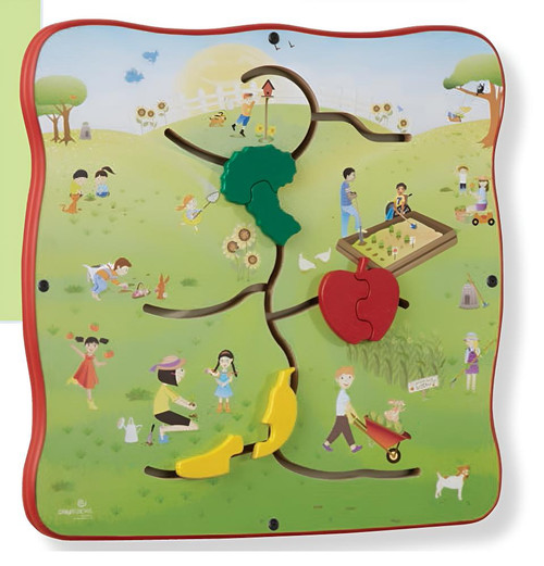 Playscapes Community Garden Wall Toy, colorful educational wooden activity board with illustrations of children gardening, playing, and engaging in outdoor activities.