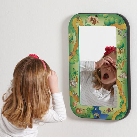 Playscapes Safari Kids Wall Mirror, colorful children's wall mirror with jungle animal and nature illustrations around the frame.