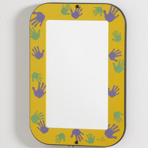 Playscapes Goldenrod Hands On Fun Mirror, yellow framed mirror with colorful handprints in purple, teal, and yellow on the border.