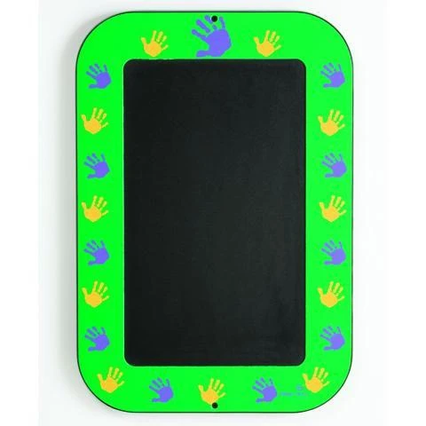 Playscapes Green Magic Hands Heat Sensitive Wall Panel, colorful hand prints border surrounding a black chalkboard surface.