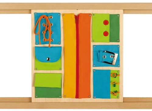 HABA Pro Closures Panel Sensory Wall Activity Panel, colorful educational sensory wall activity board with various tactile and fine motor skills activities for children.
