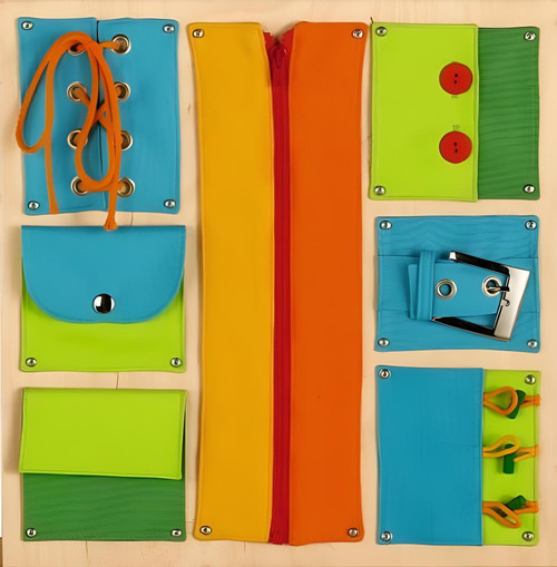 HABA Pro Closures Panel Sensory Wall Activity Panel, colorful educational sensory wall panel with various textured and interactive elements for sensory development.