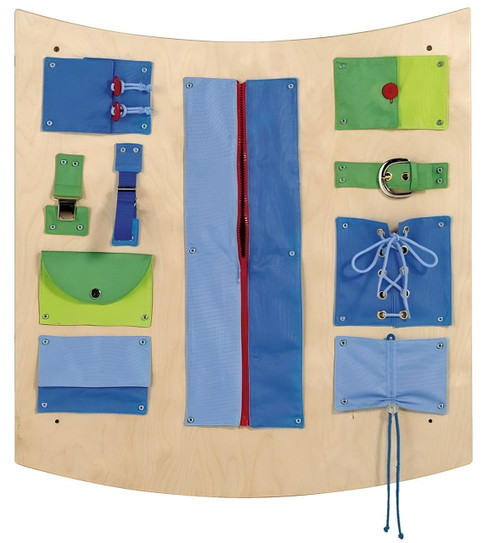 HABA Pro Sensory Learning Wall Dip B Center Panel Toy, with various colorful textured and interactive sensory panels including buckles, ropes, zippers, and laces designed to promote sensory development and fine motor skills in children.