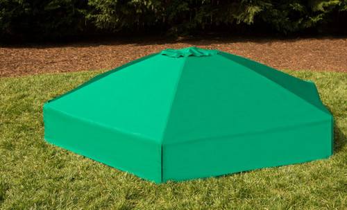 Frame It All Hexagon Sandbox Kit with Telescoping Canopy & Cover, 7' x 8' x 5.5", green sandbox with canopy cover on grassy lawn with trees in background.