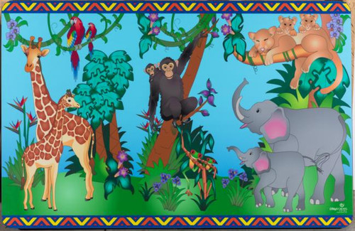 Playscapes Animal Families Wall Mural, colorful jungle scene featuring giraffe, parrots, monkeys, tigers, elephants, and various tropical plants.