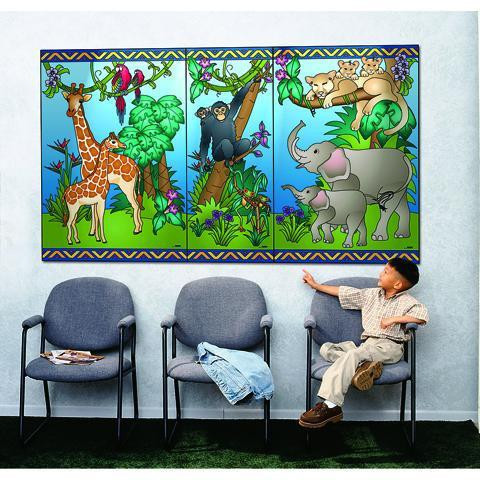 Playscapes Animal Families Wall Mural, colorful jungle scene featuring various animals like giraffes, monkeys, elephants, and birds for children's room decor.
