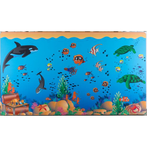 Playscapes Seascape Wall Mural, vibrant underwater scene with fish, sharks, turtles, coral, and treasure chest.