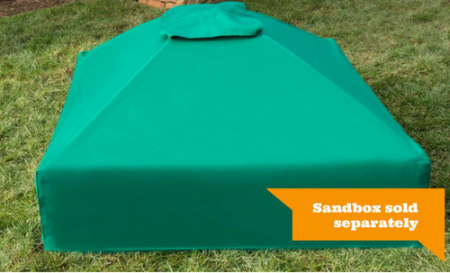 Frame It All Collapsible Sandbox Cover Square 4ft x 4ft, green protective cover for children's sandbox with a note indicating sandbox sold separately.