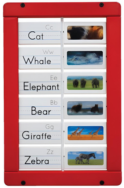 Playscapes Moving Images Flip-Flop Blocks Activity Wall Panel, educational toy featuring alphabet letters, animal images, and sliding flip-flop blocks for interactive learning.