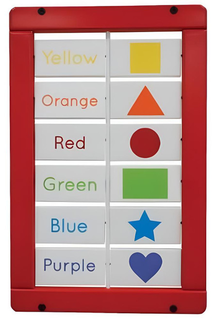 Playscapes Colors and Shapes Matching Blocks Activity Wall Panel, educational toy featuring color labels and corresponding shapes for learning colors and shapes.