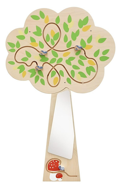 HABA Pro Tree Mirror Interactive Wall Decor, wooden tree-shaped mirror with green and yellow leaf patterns and playful birds for children's room decor.