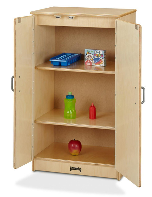 Jonti-Craft Culinary Creations Play Kitchen Toy Refrigerator, wooden toy refrigerator with open doors and shelves containing play food items like a green bottle, red ketchup, and an apple.