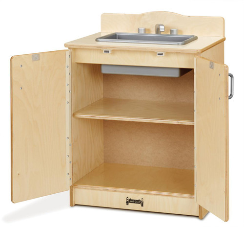 Jonti-Craft Culinary Creations Play Kitchen Toy Sink, wooden play kitchen with a built-in sink, shelves, and cupboard for children to play and pretend cook.