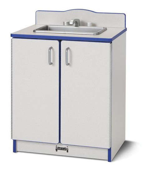 Jonti-Craft Culinary Creations Kitchen Play Sink - Rainbow Accents, a children's play kitchen with a realistic stainless steel sink, white cabinet with colorful rainbow accents on the edges, and silver handles.