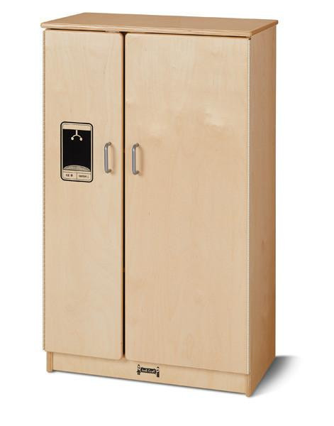 Jonti-Craft Culinary Creations School Age Play Kitchen Refrigerator, wooden play refrigerator with two doors and a pretend electronic display on the left door.