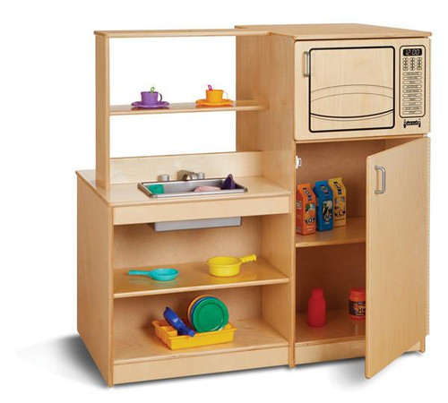 Jonti-Craft Mobile Wooden Play Kitchen Island, a children's play kitchen with a built-in oven, shelves with toys, and a countertop with a sink.