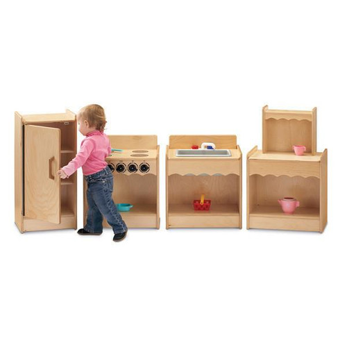 Jonti-Craft Contempo Toddler Kitchen Toy Stove, wooden play kitchen set with a toddler playing and opening the cupboard door.