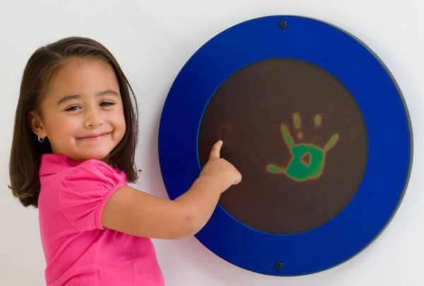 Playscapes Magic Circle Heat Sensitive Wall Panel, a blue circular interactive wall panel displaying a colorful handprint that changes with heat.