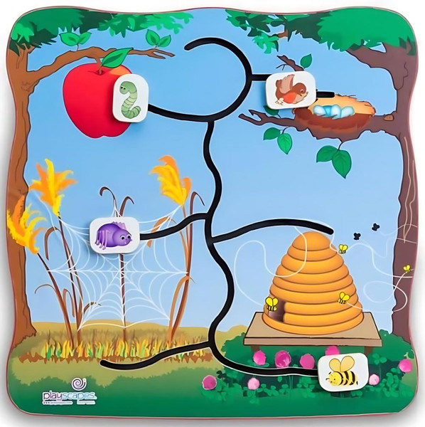 Playscapes Find My Home Activity Wall Toy, colorful educational toy with a tree featuring a red apple, a bird's nest, a beehive, and spider webs, each with magnetic animal pieces for children to find and learn about nature.