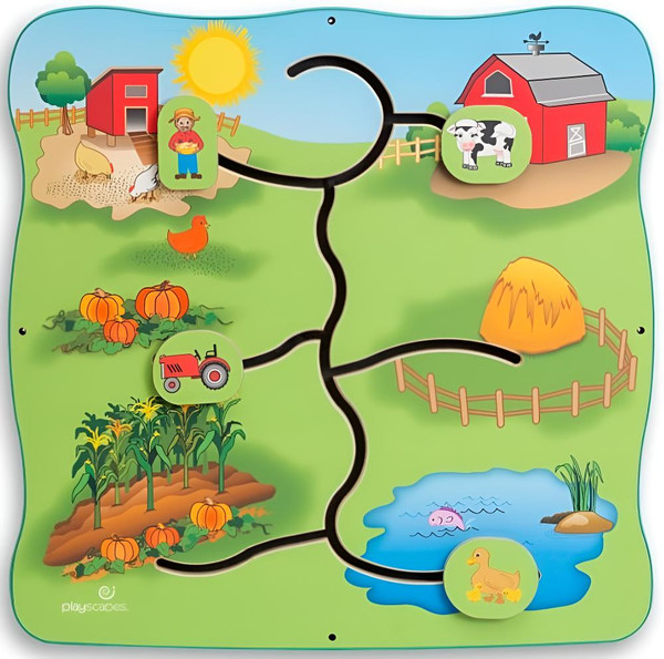 Playscapes Animal Farm Wall Toy, an illustrated farm scene with animals, crops, and farm buildings.