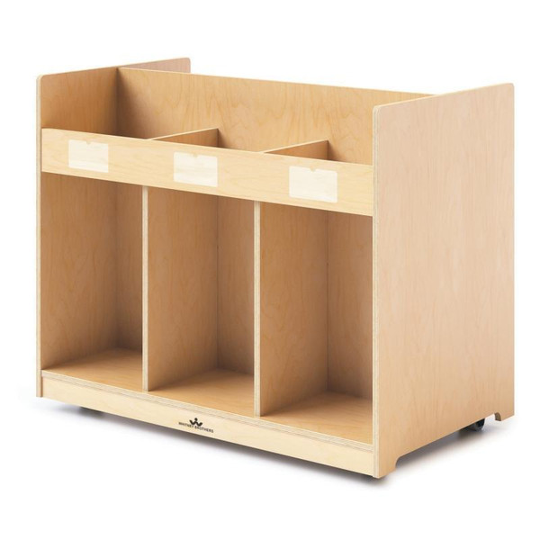 Whitney Brothers Mobile Library Book Cabinet, wooden mobile storage unit with multiple compartments for children's books and materials.