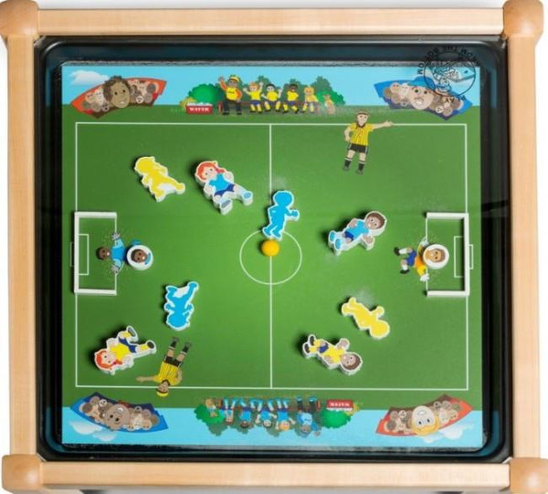Playscapes Soccer Magnetic Sand Table, tabletop magnetic soccer game with colorful playing pieces on a green field.