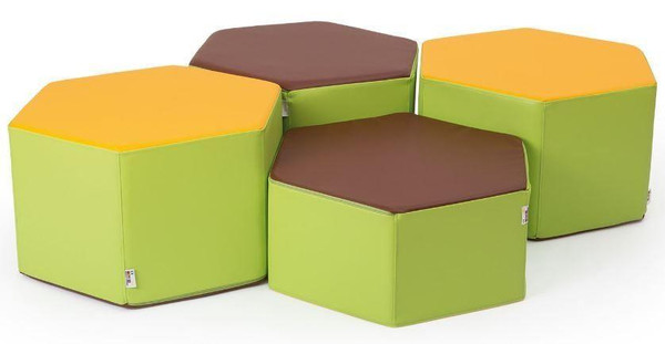 Novum Honeycomb Soft Seating Set, colorful modular soft seating with green and yellow hexagonal cushions and brown top surfaces for modern lounge or office spaces.