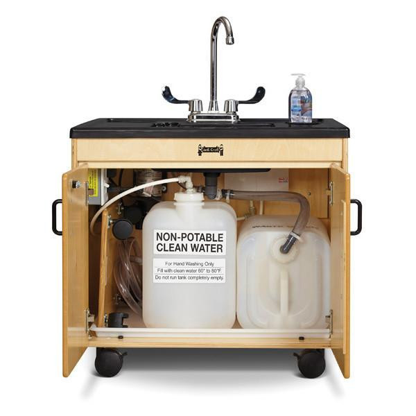 Jonti-Craft Clean Hands Helper Portable Sink - 38" Counter - Plastic Sink, wooden cart with non-potable water tank and hand sanitizer, stainless steel faucet, and black countertop.