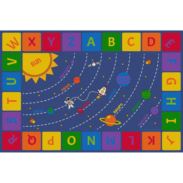 Children's Factory Solar System Rectangle Rug, colorful space-themed educational children's floor mat featuring planets, stars, and the sun with alphabet border.