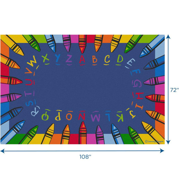 Learning Carpets Alphabet Crayon Rectangle Rug, colorful educational rug featuring alphabet letters and crayons border design, measuring 108 inches by 72 inches for children's learning space.