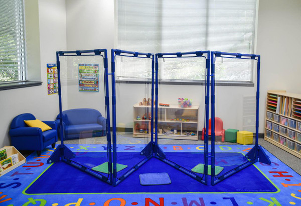 Children's Factory Big Screen Clear Play Panel - Set of 4, workspace with four transparent safety play panels in a classroom.