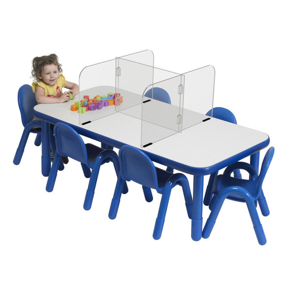 Angeles 4-Zone Sneeze Guard 60' x 30', clear protective barrier with four sections on a children's table with blue chairs.