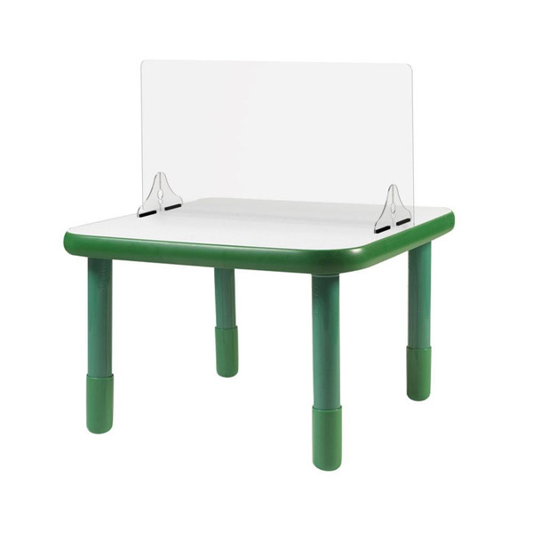 Angeles 30-inch Single Panel Sneeze Guard, clear protective barrier mounted on a small green table with sturdy legs for social distancing and hygiene safety.