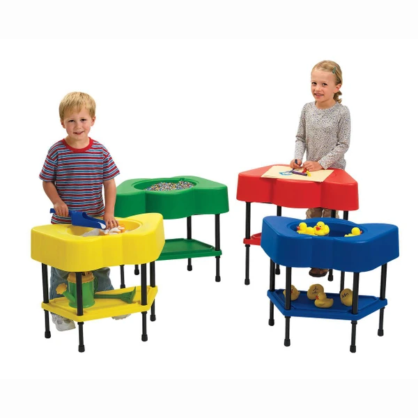 Angeles Children’s Sensory Table - Choose From 4 Colors, colorful sensory tables with children playing, featuring yellow, green, red, and blue tables filled with different sensory toys and materials.