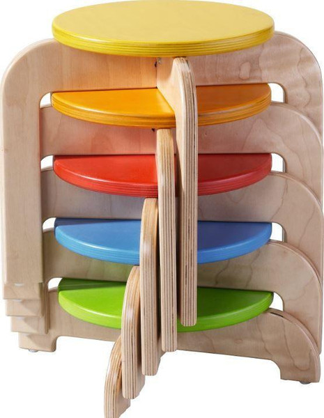 HABA Pro Balancing Staircase Variable Height Stools, colorful wooden stacking stools in yellow, orange, red, blue, and green arranged vertically.