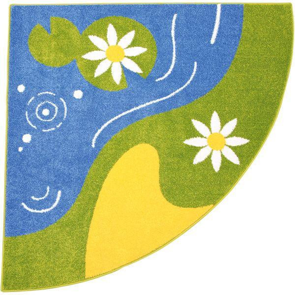 Moje Bambino Lily Pond Corner Carpet, colorful children's carpet featuring a pond scene with white daisies, green grass, and blue water with ripples.