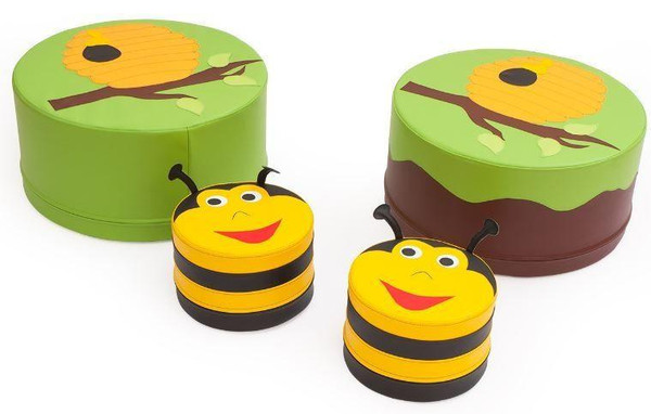 Moje Bambino Bumblebee Pouf, children's bee-themed seating and storage stools with bee and flower designs.