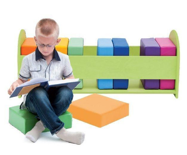 Moje Bambino Rainbow Square Seat Cushion Set with Rack, colorful kid's seating cushions with a green rack and a young boy sitting on a green cushion reading a book.