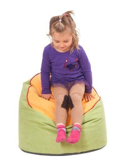 Novum Ladybug Seating Set 1, a young girl sitting on a cozy, colorful bean bag chair with green, orange, and yellow fabric and a ladybug design.