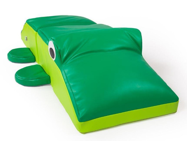 Moje Bambino Sensory Crocodile Soft Play Cushion, green and yellow crocodile-shaped cushioned play area with footstep features.