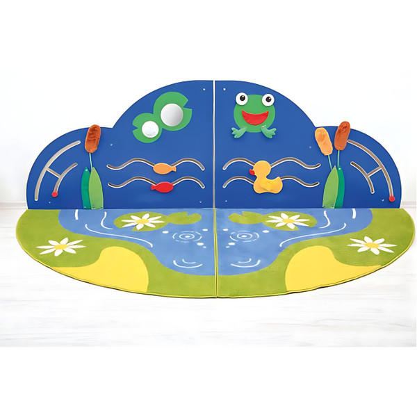 Moje Bambino Lily Pond Corner Wall Activity Center, colorful children's wall activity panel with frog, duck, and nature-themed decorations.