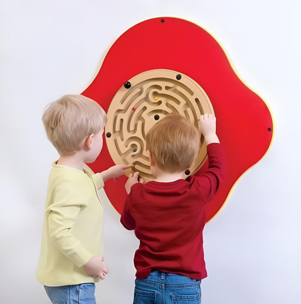 Playscapes Lucky Labyrinth Activity Wall Panel, children playing and solving the maze game on the educational wall panel.