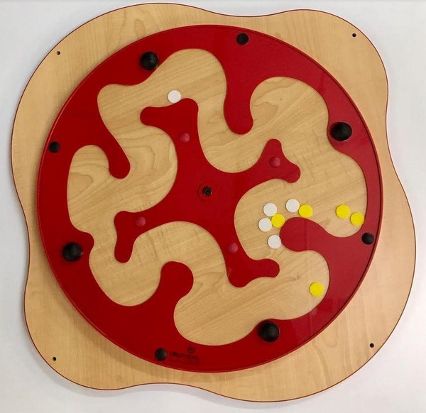 Playscapes Mega Mazer Wall Toy, wooden maze game with red pathways and colorful balls for children to navigate.