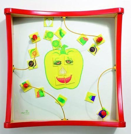 Playscapes Veggie Visage Match Activity Table, educational toy featuring a large green vegetable face with interchangeable parts and matching blocks for matching and sensory play.