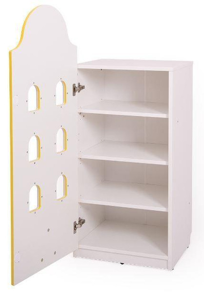 Moje Bambino Cityscape Single Cabinet, white children's storage cabinet with multiple shelves and a door with yellow accents.