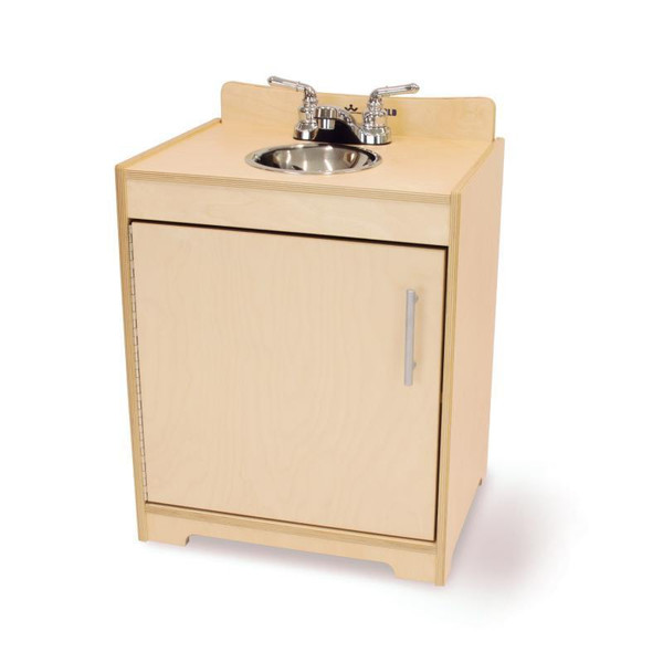 Whitney Brothers Contemporary Natural Kitchen Play Sink, wooden toy kitchen with metal sink and faucet for children's pretend play.