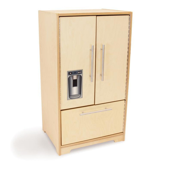 Whitney Brothers Contemporary Natural Toy Refrigerator, wooden toy refrigerator with silver handles and a built-in water dispenser.